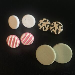 Set of 4 Pairs Round Stud Earrings Polymer Clay Abstract Patterns